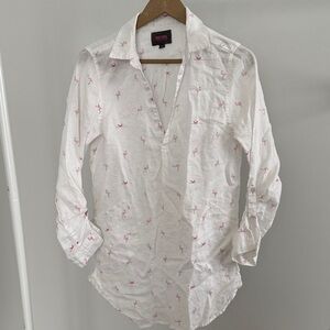 Slimfit Pink Flamingo Embroidered White Linen Shirt - Men